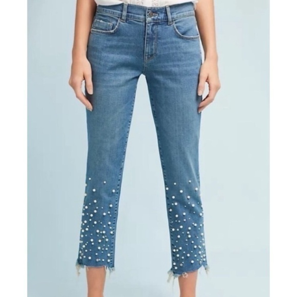 Anthropologie Pilcro Hyphen Pearl Gem Embellished Jeans Boho Distressed Denim